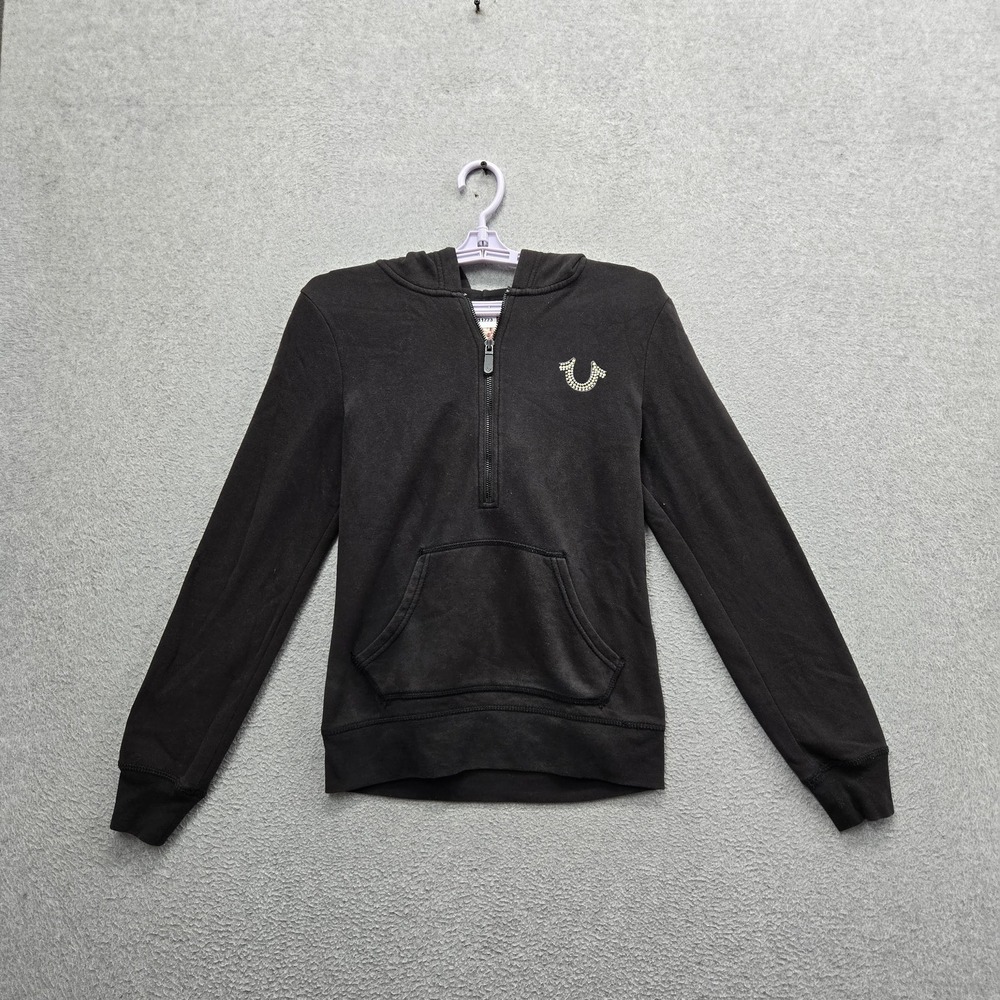 True‎ Religion Women Hoodie XS Black Fleece Buddha Guitar Rhinestones Studded
